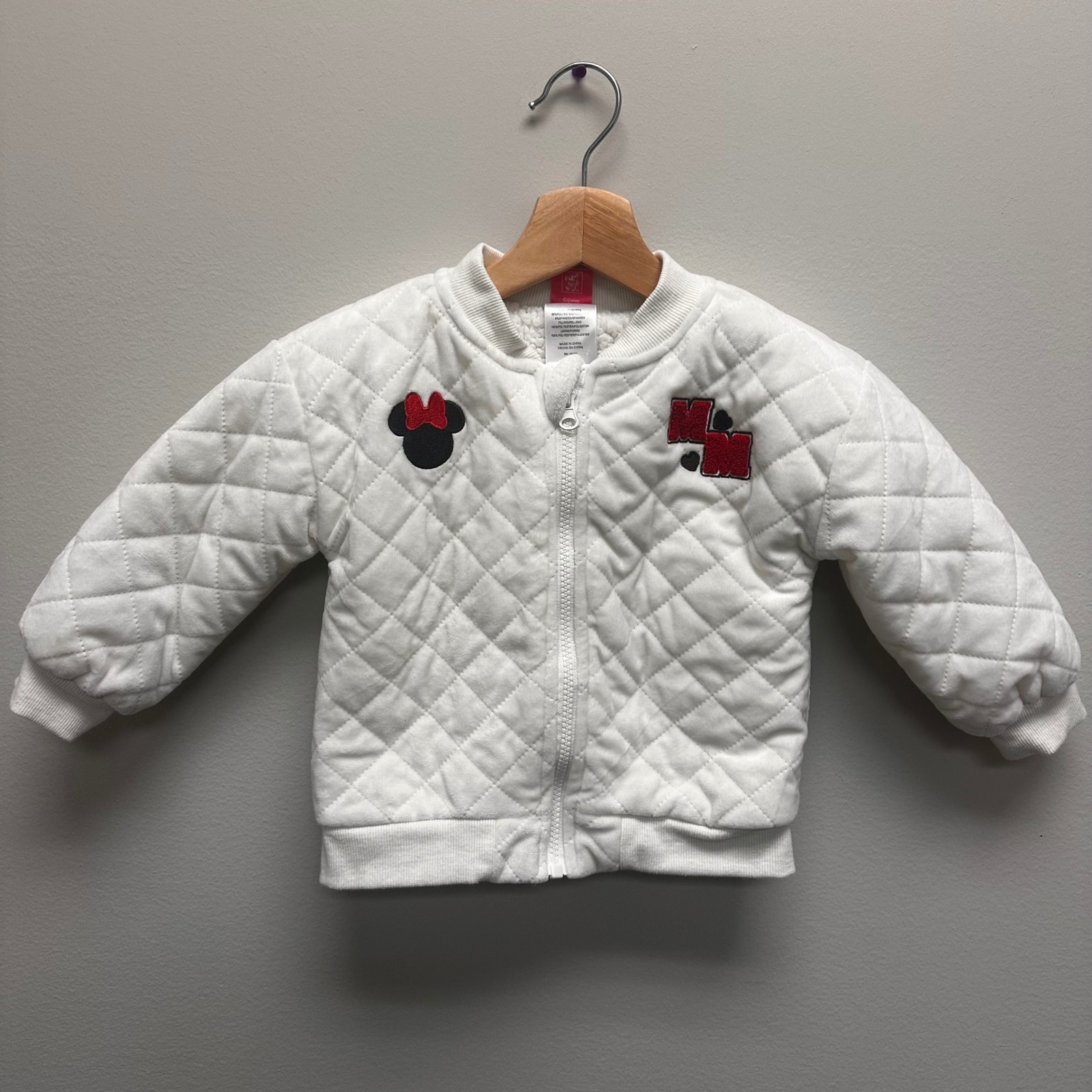 Disney Minnie Mouse Quilted Bomber Jacket Toddler Girls 3t White Zip Up